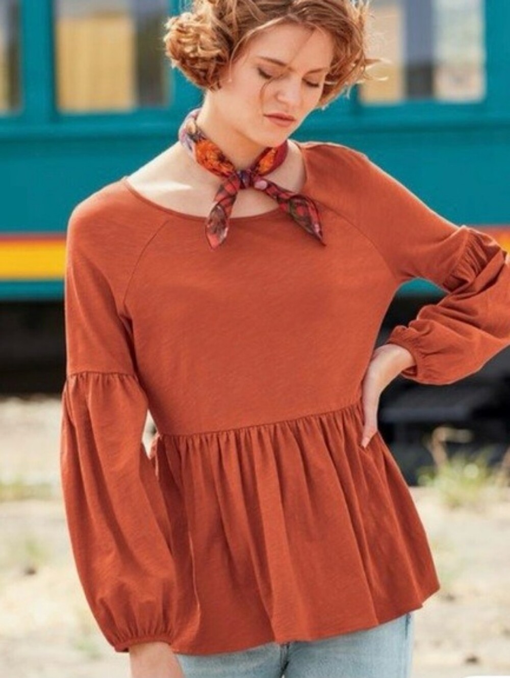 Peruvian Connection Kayla Long Sleeve Top Boho Chic Cotton Terracotta Size XS